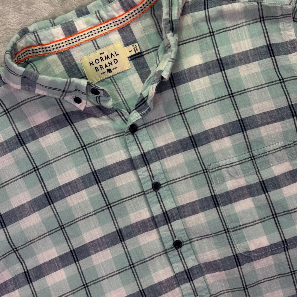The Normal Brand Mens Shirt Sz Large Mint Green Plaid Short Sleeve Button Down